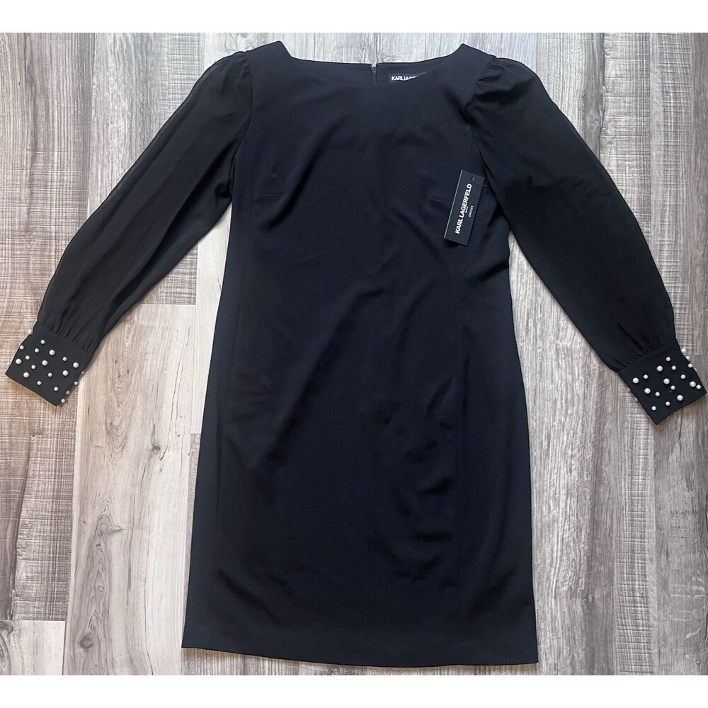 Karl Lagerfeld Scuba Crepe Crew Neck Chiffon Sheer Sleeve Pearl Cuff Dress 12